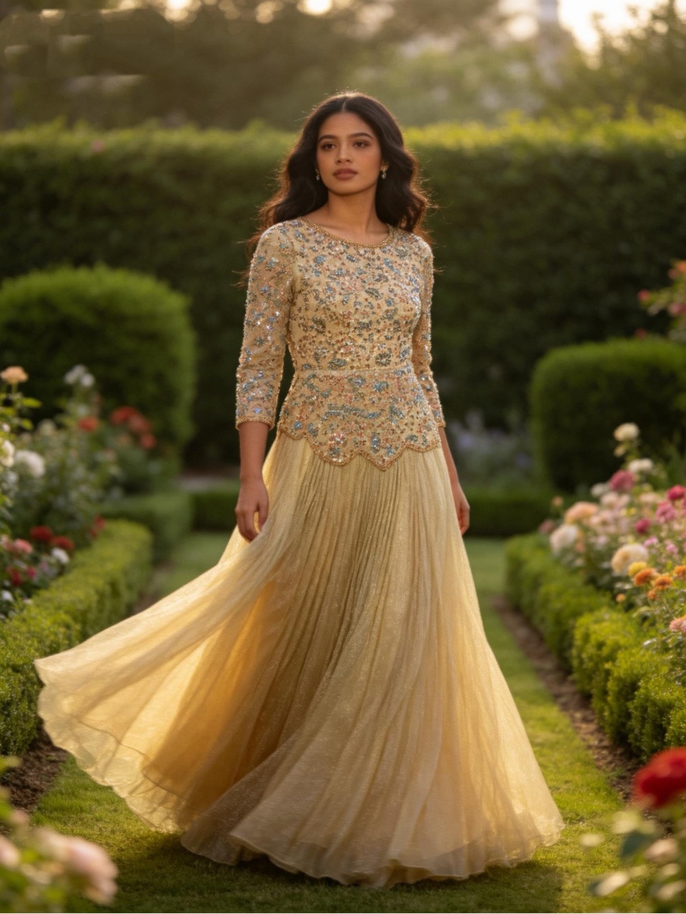 Gold Beaded Long Sleeve Evening Gown - Elegant Formal Dress